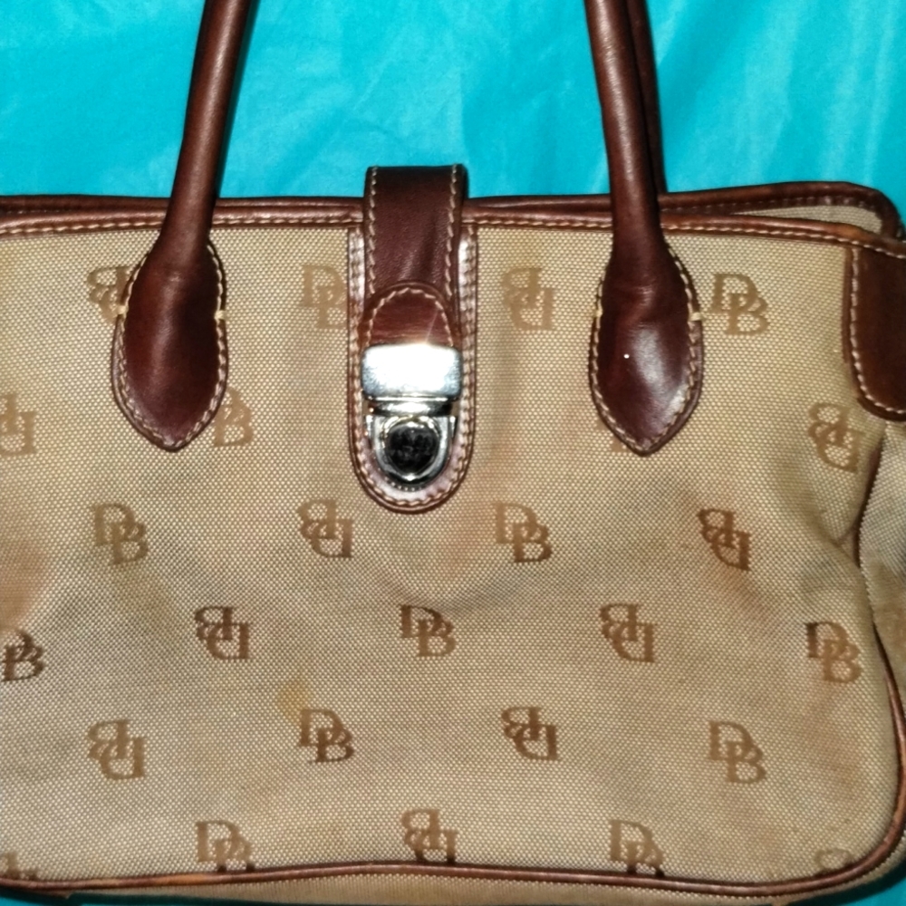 Dooney And Bourke VINTAGE Purse Canvas "DB" Signature Brown Leather 11x8x5.